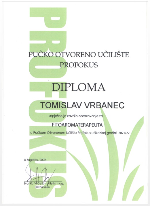 Tomislav Vrbanec Diploma fitoaromaterapeut